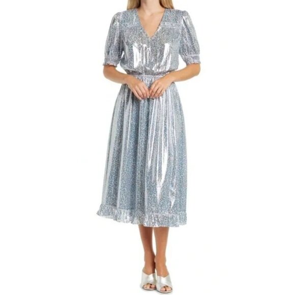💕CURRENT AIR💕 Metallic Shine Midi Dress Shiny Blue Leopard Print Medium M NWT - Picture 5 of 15